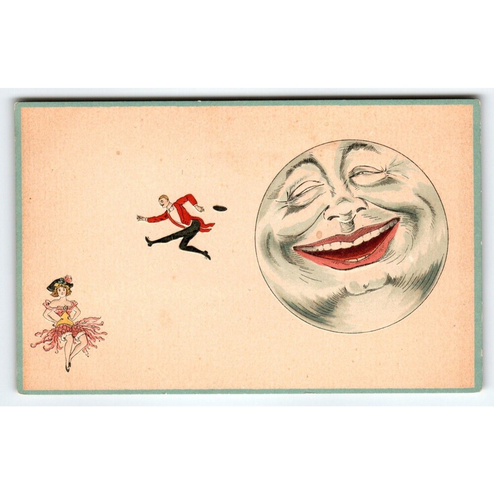 Anthropomorphic Laughing Moon Man Jumping Show Girl Fantasy Postcard Series 570